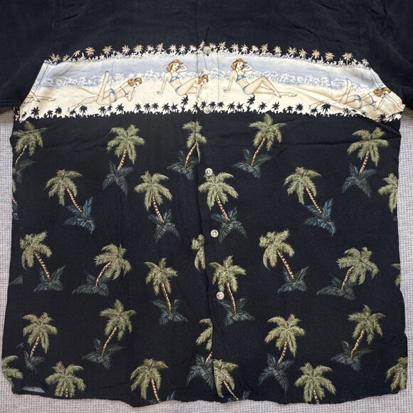 Vintage Consensus Sportswear Hawaiian Shirt Size L Black Palm Tree Pin-Up Girl - Picture 3 of 13